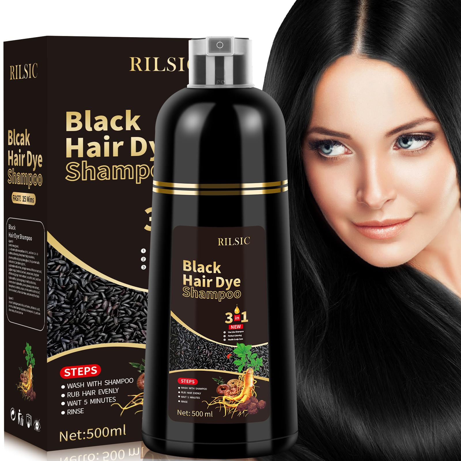 Black Hair Dye Shampoo 3 in 1, 500ML Colorante Nero per Donna Uomo